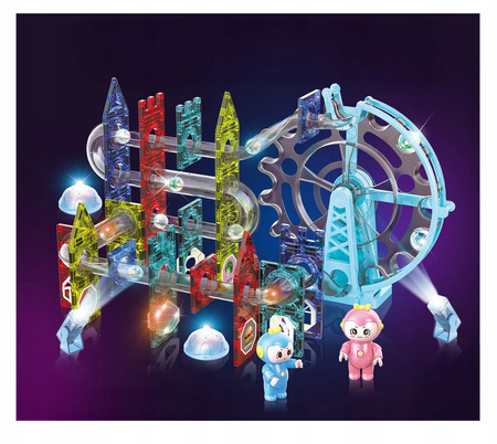 ŚWIECĄCY TOR KULKOWY KARUZELA KLOCKI MAGNETYCZNE DŹWIĘK DUŻY ZESTAW 120 EL