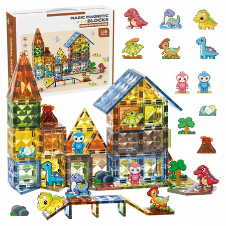 MAGNETYCZNE KLOCKI KONSTRYKCYJNE DINOZAURY ZESTAW DOLINA DINOZAURÓW 116 EL