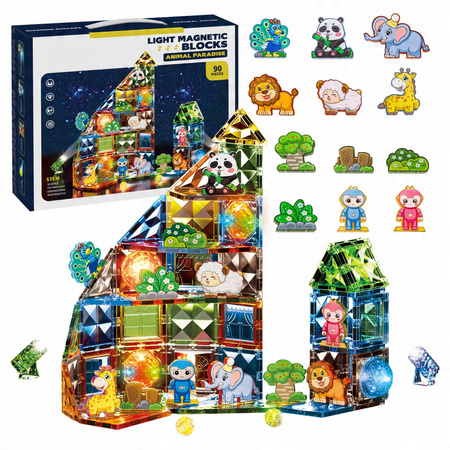 KLOCKI MAGNETYCZNE ZOO DLA DZIECI ZWIERZĄTKA ŚWIECĄCY ZESTAW LED 90 EL