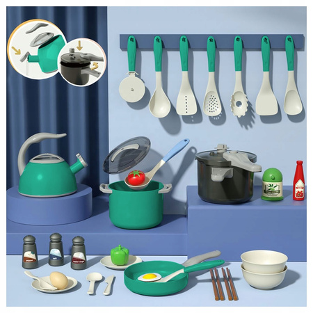 NACZYNIA GARNKI DLA DZIECI WARZYWA PATELNIA CZAJNIK ŁYŻKI DUŻY ZESTAW 32 EL