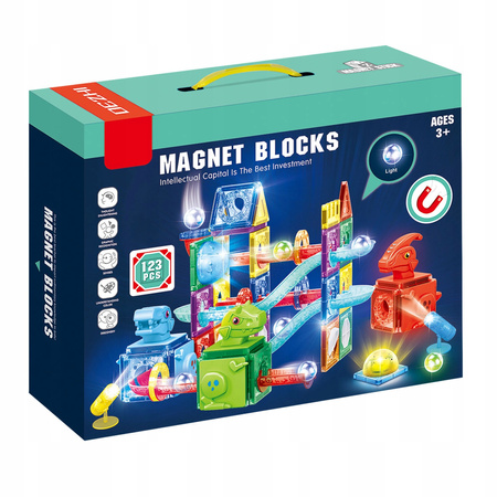 ŚWIECĄCY TOR MAGNETYCZNY LED KLOCKI KONSTRUKCYJNE DINOZAURY ZESTAW 123 EL