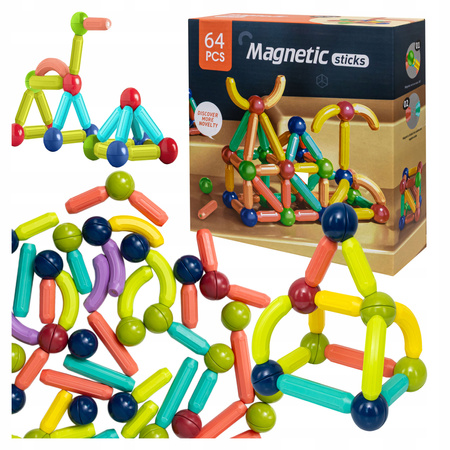 KLOCKI MAGNETYCZNE RURKI DLA DZIECI DUŻY ZESTAW EDUKACYJNY KREATYWNY 64 EL