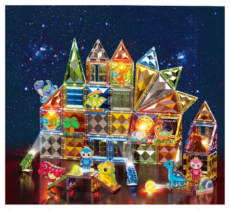 MAGNETYCZNE KLOCKI KONSTRUKCYJNE ŚWIECĄCY ZESTAW DINOZAURY MAGNESY LED 98EL