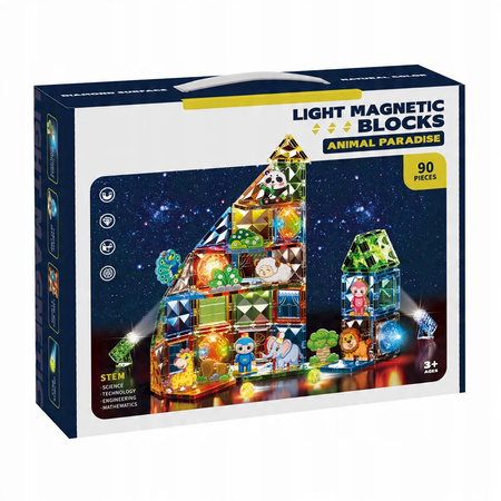 KLOCKI MAGNETYCZNE ZOO DLA DZIECI ZWIERZĄTKA ŚWIECĄCY ZESTAW LED 90 EL