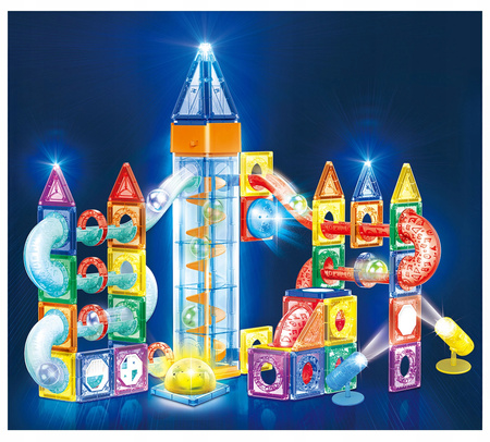 ŚWIECĄCY TOR MAGNETYCZNY LED KLOCKI EDUKACYJNY DLA DZIECI + WINDA 134 EL