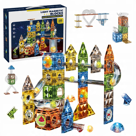 ŚWIECĄCY TOR MAGNETYCZNY KLOCKI EDUKACYJNE DLA DZIECI LED ZESTAW 105 EL