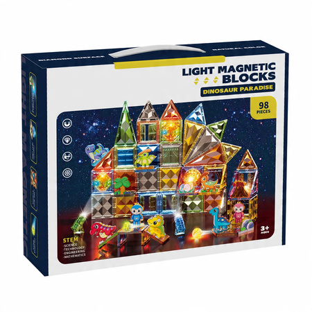 MAGNETYCZNE KLOCKI KONSTRUKCYJNE ŚWIECĄCY ZESTAW DINOZAURY MAGNESY LED 98EL