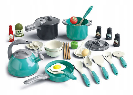NACZYNIA GARNKI DLA DZIECI WARZYWA PATELNIA CZAJNIK ŁYŻKI DUŻY ZESTAW 32 EL