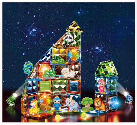 KLOCKI MAGNETYCZNE ZOO DLA DZIECI ZWIERZĄTKA ŚWIECĄCY ZESTAW LED 90 EL