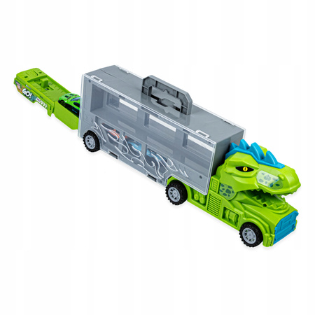 LAWETA DINOZAUR CIĘŻARÓWKA ZJEŻDŻALNIA 3 AUTKA WYRZUTNIA SAMOCHODÓW DINO