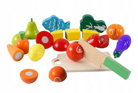 KLOCKI DREWNIANE NA RZEPY OWOCE WARZYWA DO KROJENIA DUŻY ZESTAW MONTESSORI