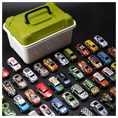 RESORAKI AUTKA WYŚCIGOWE SAMOCHODZIKI Z NAPĘDEM METALOWE AUTA 70SZT KUFEREK