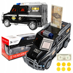 SKARBONKA SEJF DLA DZIECI POLICJA AUTO NA MONETY BANKNOTY HASŁO PIN LED